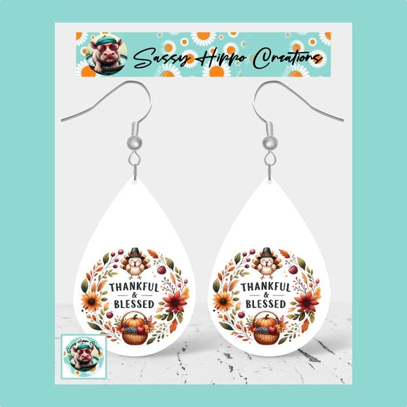 Earrings Thankful and Blessed Turkey Thanksgiving Hand Sublimated Printed on MDF - Picture 1 of 4